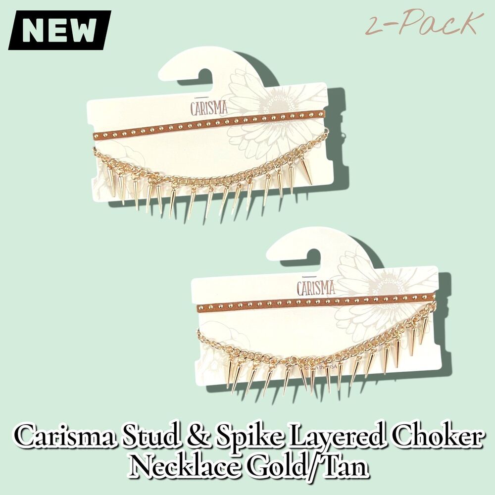 New Carisma Stud & Spike Layered Choker Necklace – Gold/Tan – 2-Pack